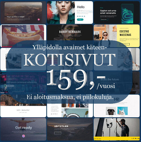 Avaimet käteen -kotisivut ylläpidolla 345,-/ensimmäinen vuosi, seuraavat 149,-/vuosi